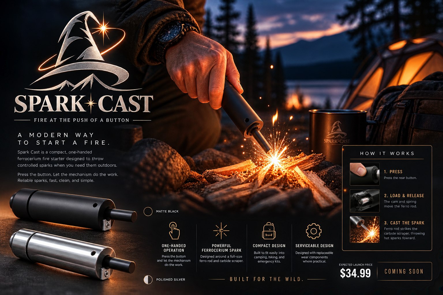 A camper operating Spark Cast over tinder at a dark campsite